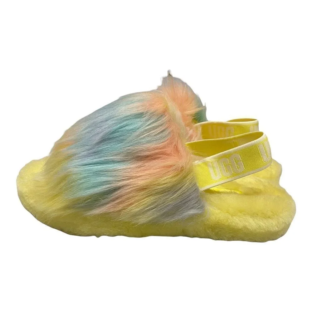 UGG Slippers Girls 4 Yellow Slides Fluff Yeah Tie Dye Lemonade‎ 1120033K Comfy